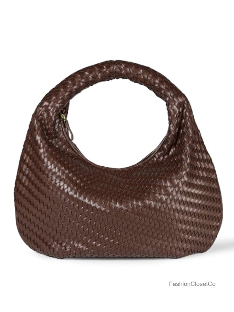 Faux Leather Woven Shoulder Bag With Padded Handle, Lightweight Satchel